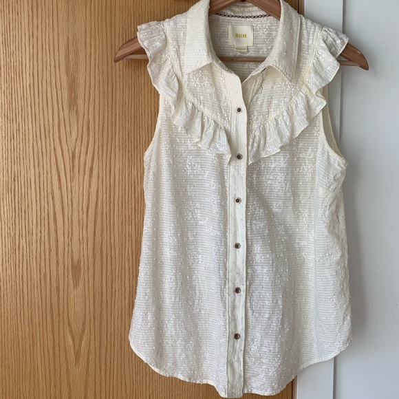 ANTHROPOLOGIE Maeve Ivory Floral Ruffle Button-Up - Picture 3 of 10